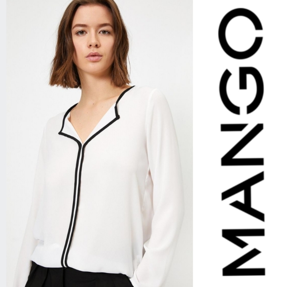 Mango White Blouse with Black Trim